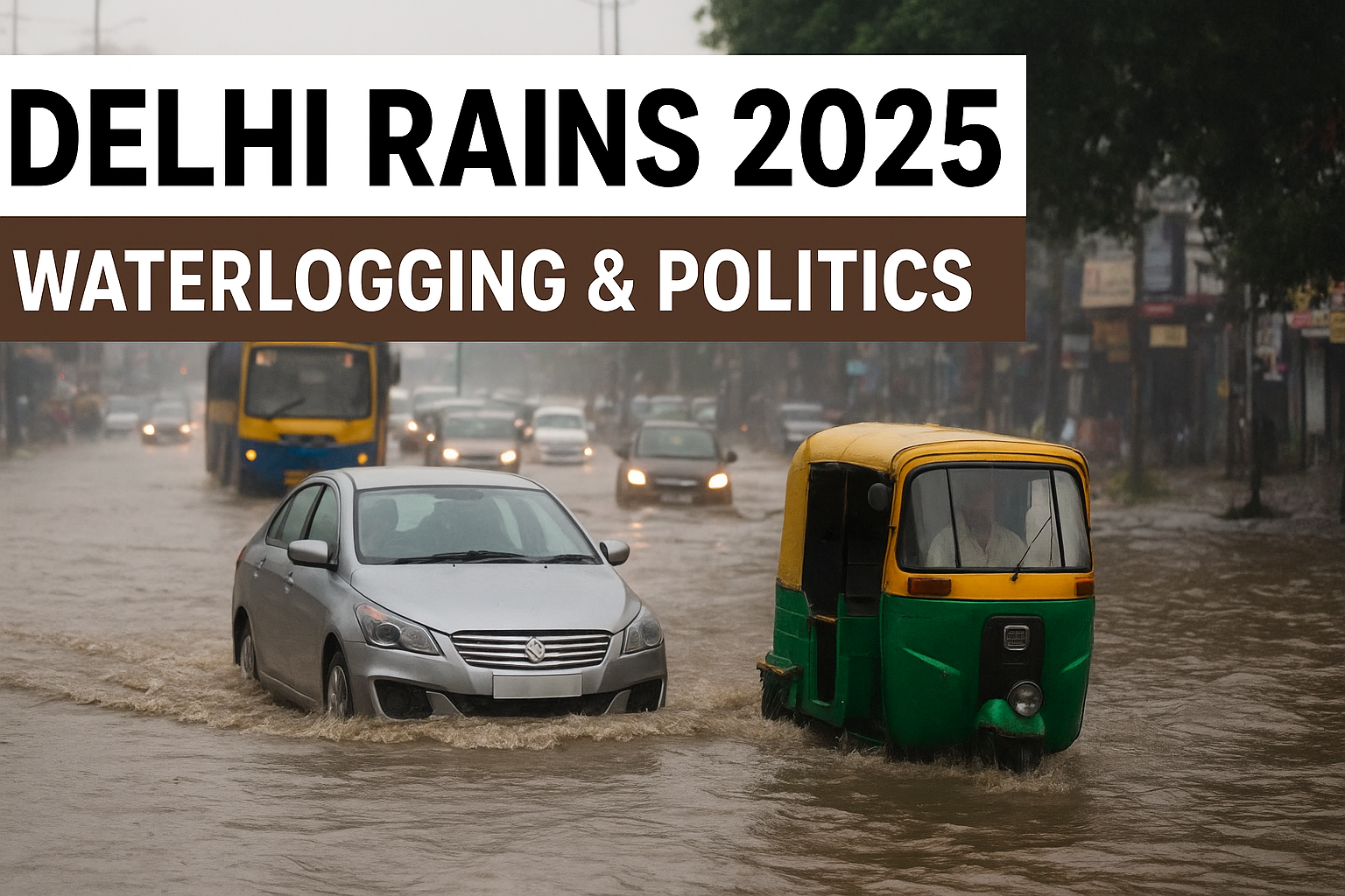 बारिश के बाद दिल्ली की तस्वीर – सड़कें बनी तालाब, पानी में फंसी गाड़ियाँ, आईटीओ और द्वारका में जलभराव, जनता परेशान।