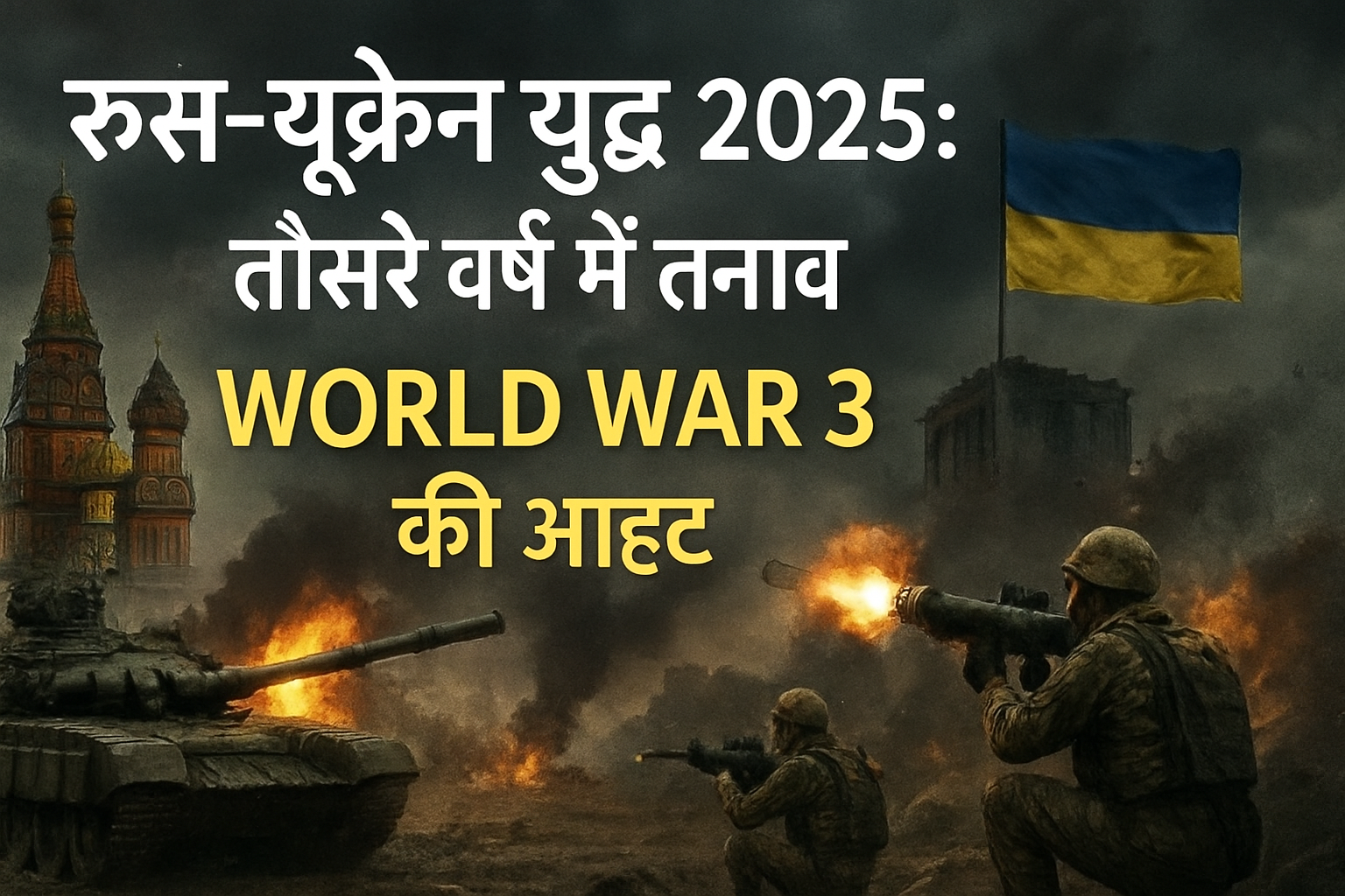 रूस-यूक्रेन युद्ध 2025: तीसरे वर्ष में बढ़ते तनाव ने तीसरे विश्व युद्ध की आशंकाओं को गहराया 1 Russia Ukraine war 2025 and World War 3 tensions illustration