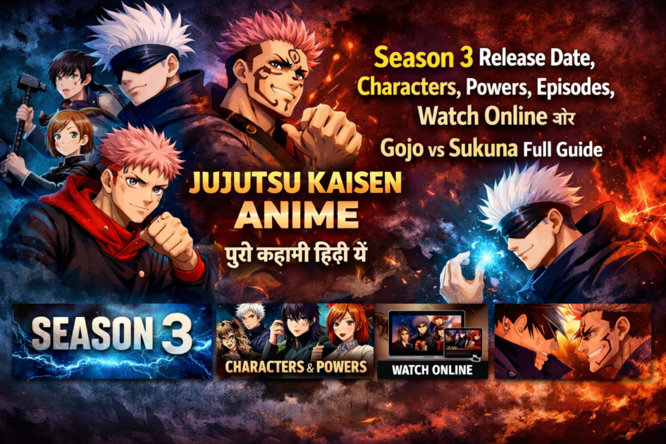 Jujutsu Kaisen anime Gojo Satoru vs Sukuna fight poster with Yuji Itadori characters Hindi full story season 3 release date guide