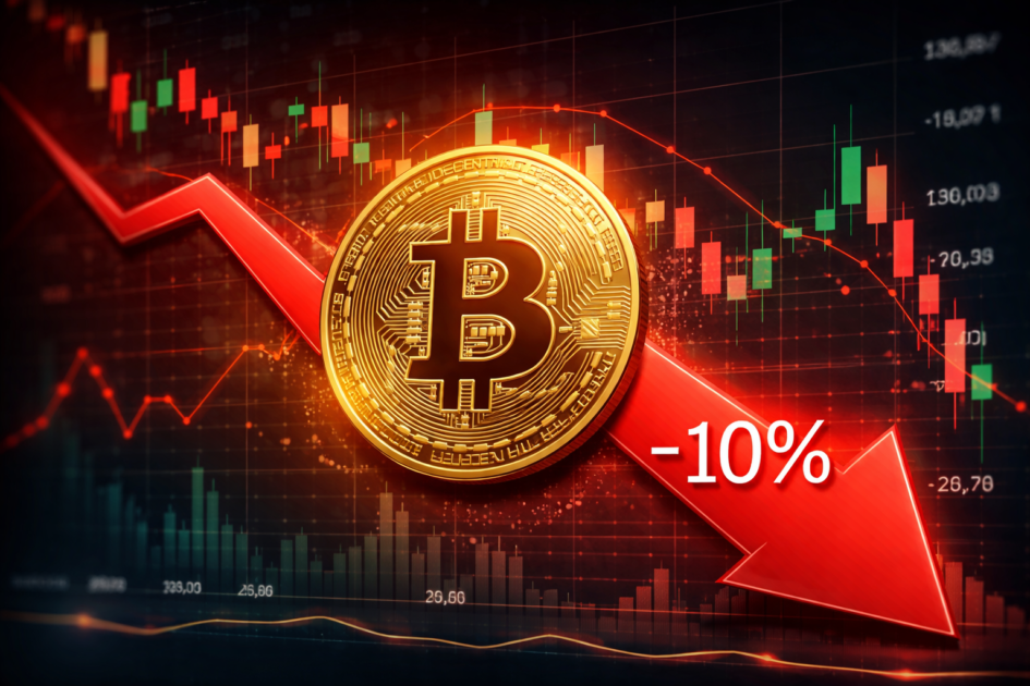 Bitcoin 10% गिरावट का कारण दिखाता हुआ crypto market price chart